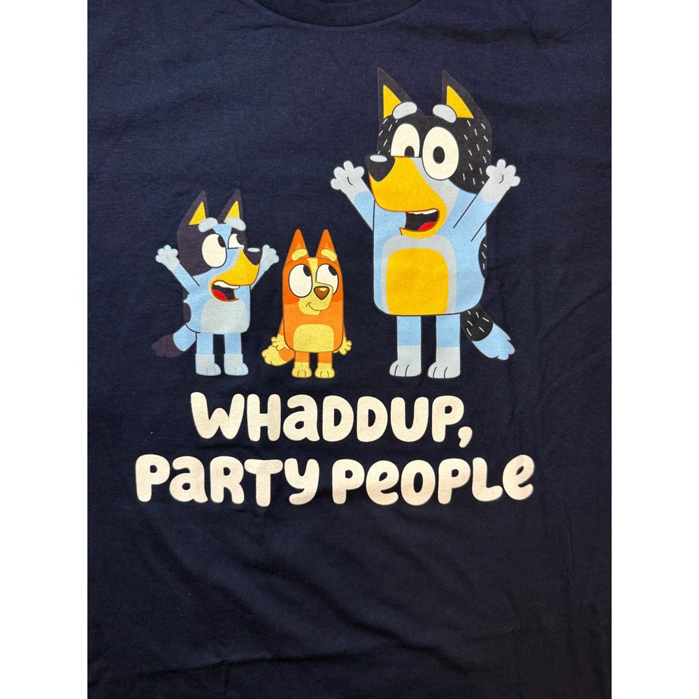 Bluey Whaddup Party People Navy Blue Graphic T-Shirt Mens Large L Cotton New - Picture 3 of 7
